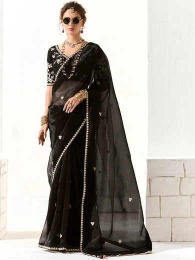 Fantastic Black Sequins Tissue Silk Party Wear Saree With Blouse